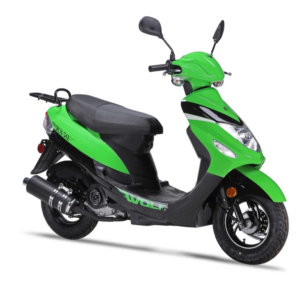 Image of a green and black moped with a step through design