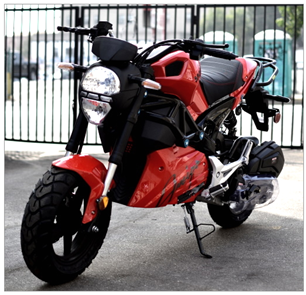 Image of a red and black moped without a step through design