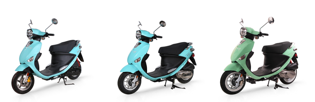 Image of three mopeds, two blue and one green, side by side with slight model differences