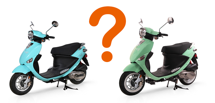 Image of two mopeds, one blue and one green, with an orange question mark in between