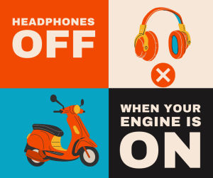 Social media graphic discouraging the use of headphones while driving a moped