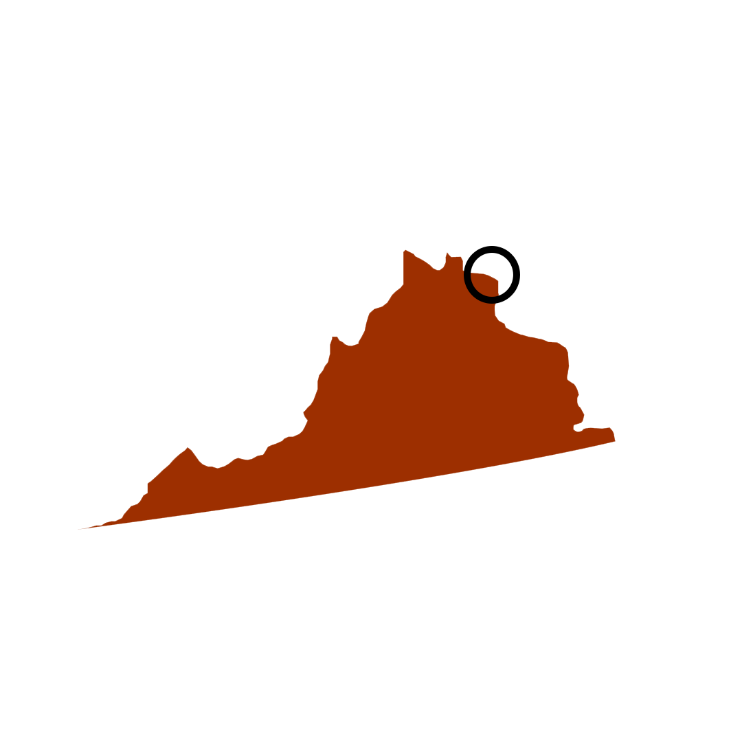 Vector graphic of Virginia with a circle around the location of Washington DC